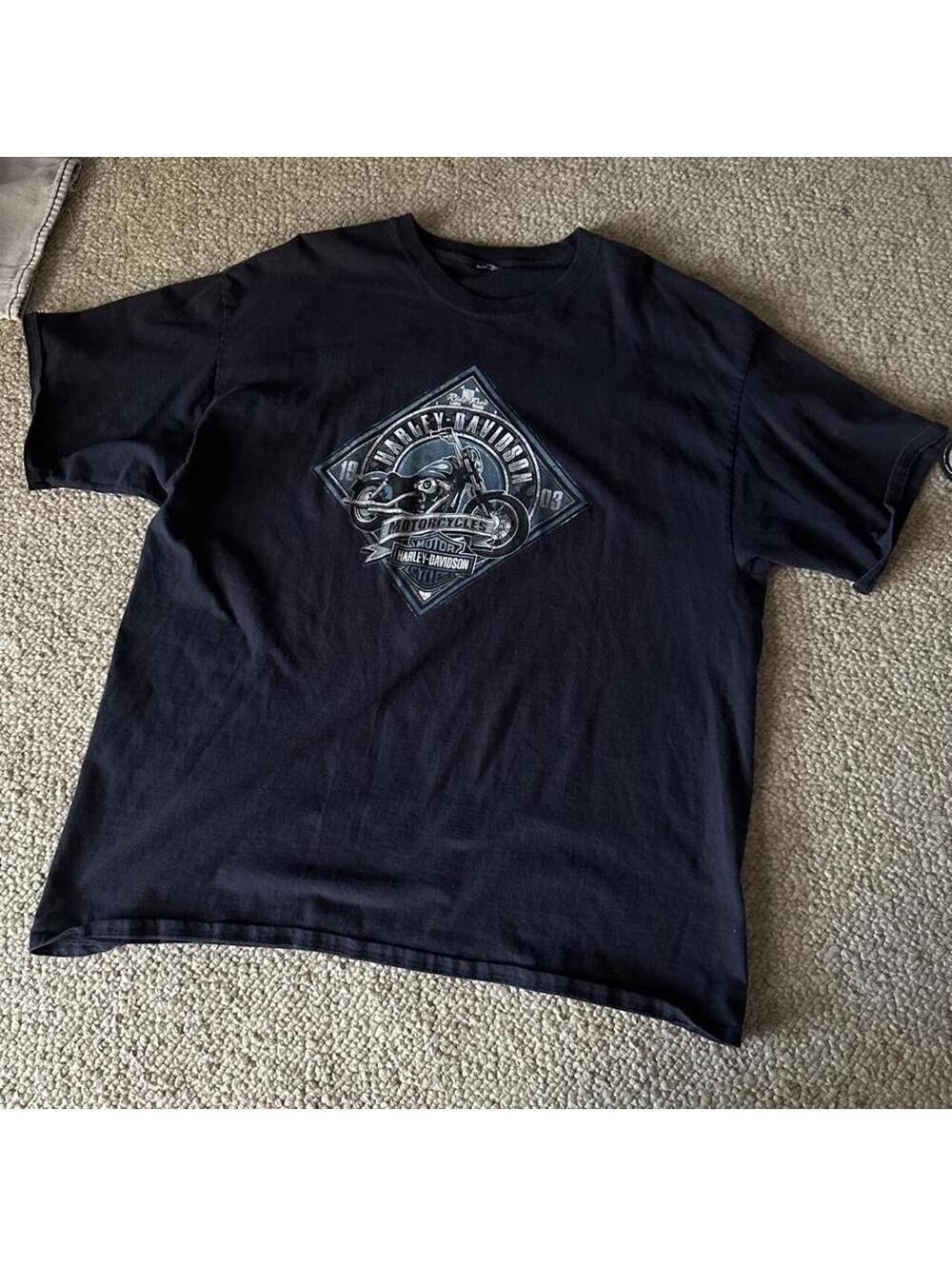 Harley Davidson blue t-shirt with motorcycle graphic in a diamond frame